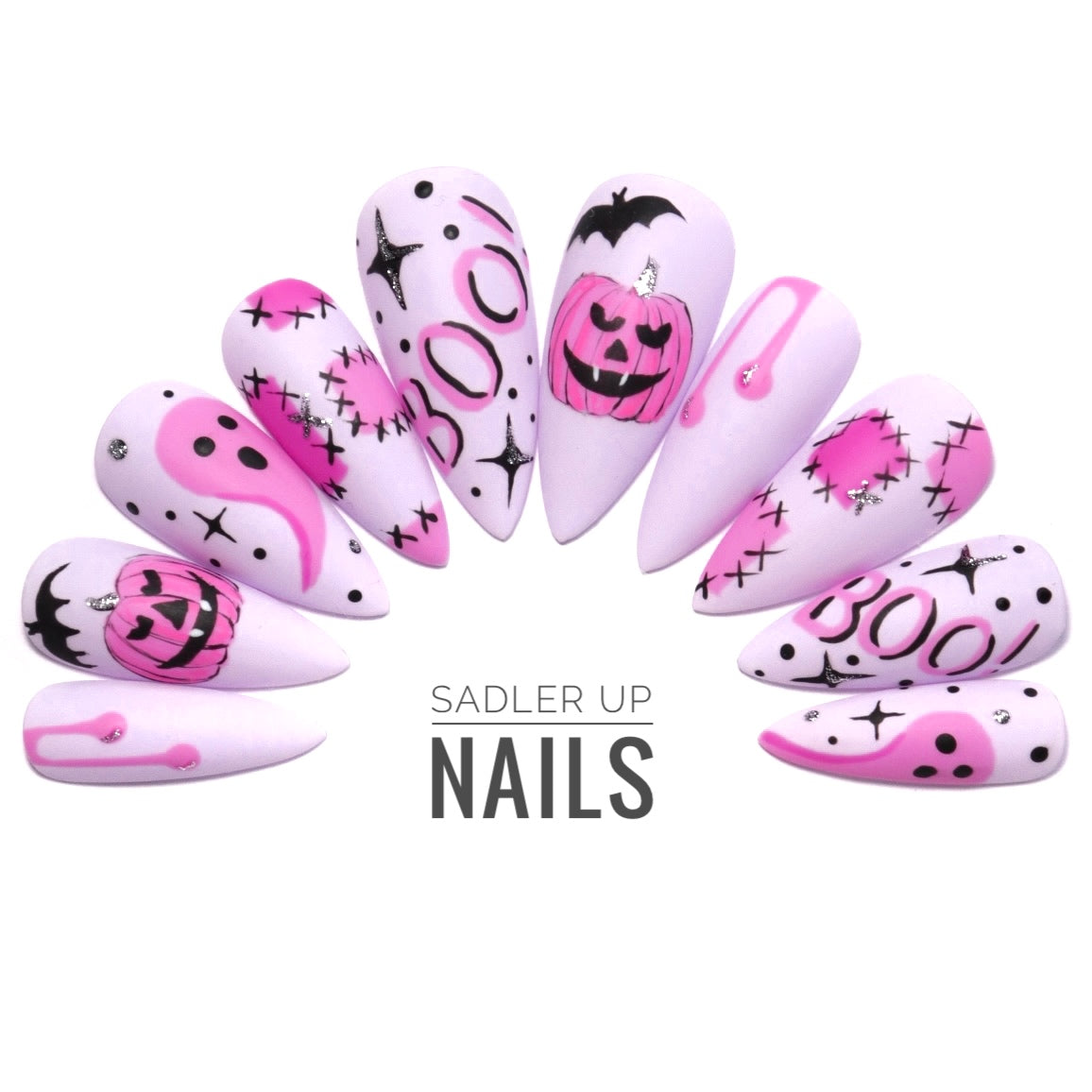 Pink Halloween press on nails.