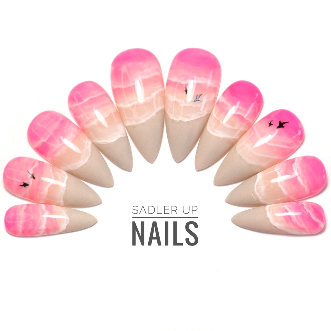 pink ocean beach press on nails.